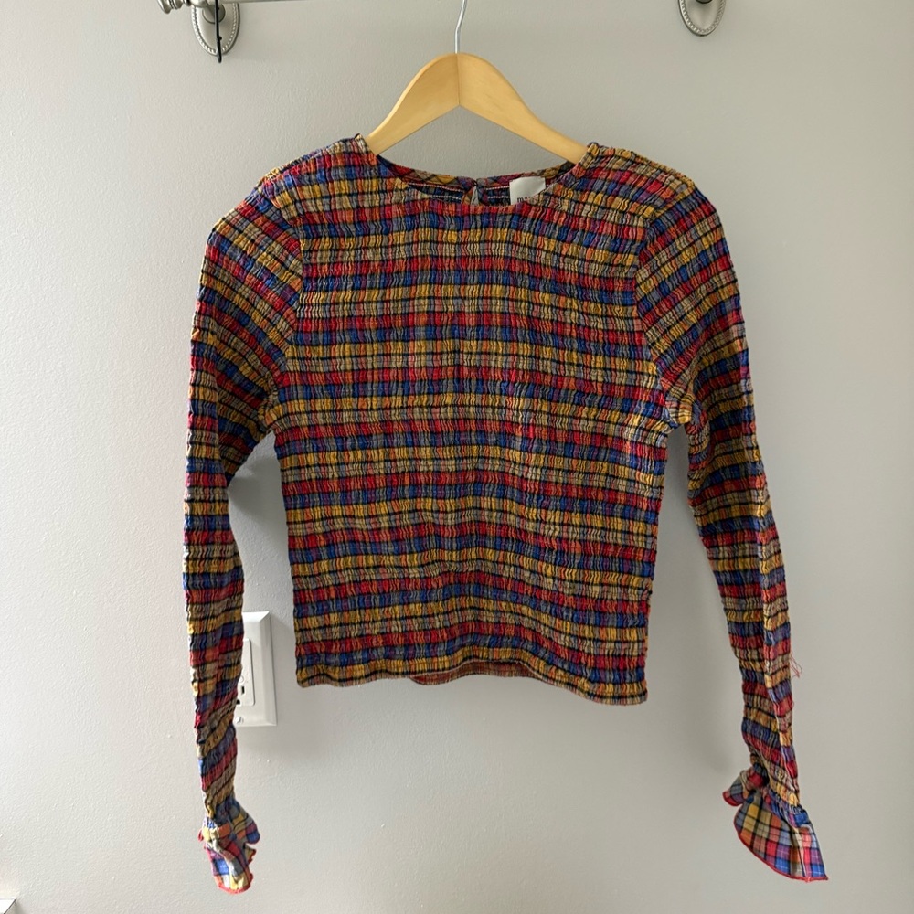 Maeve Multicolor Plaid Smocked Long Sleeve Crewneck Sweater